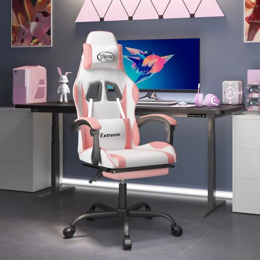 Cadeira Gaming com Apoio p/ Pés Couro Artificial Branco e Rosa