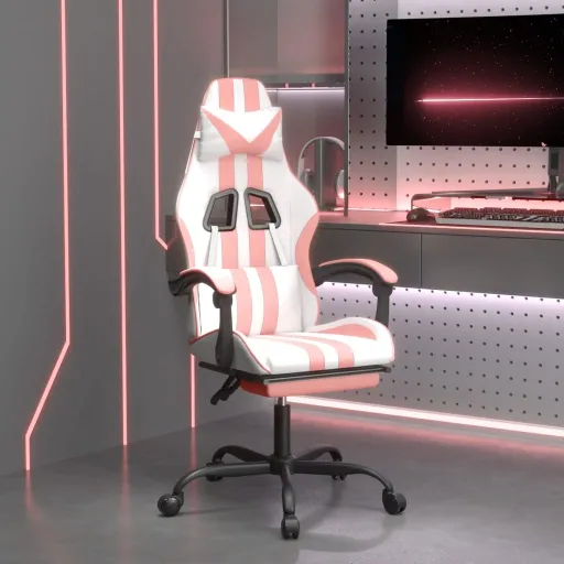 Cadeira Gaming com Apoio p/ Pés Couro Artificial Branco e Rosa