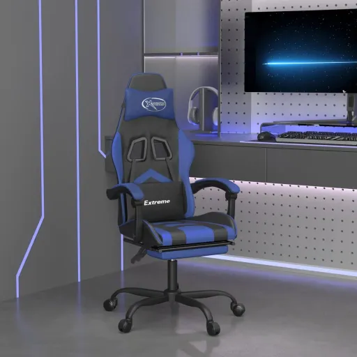 Cadeira Gaming c/ Apoio para Pés Couro Artificial Preto e Azul