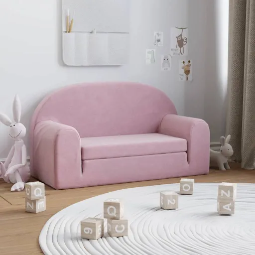 Sofá-Cama Infantil de 2 Lugares Pelúcia Macia Rosa