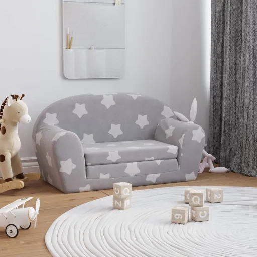 Sofá-Cama Infantil 2 Lugares c/ Estrelas Pelúcia Cinzento-Claro