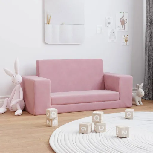 Sofá-Cama Infantil de 2 Lugares Pelúcia Macia Rosa