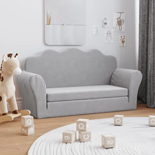 Sofá-Cama Infantil de 2 Lugares Pelúcia Macia Cinzento-Claro