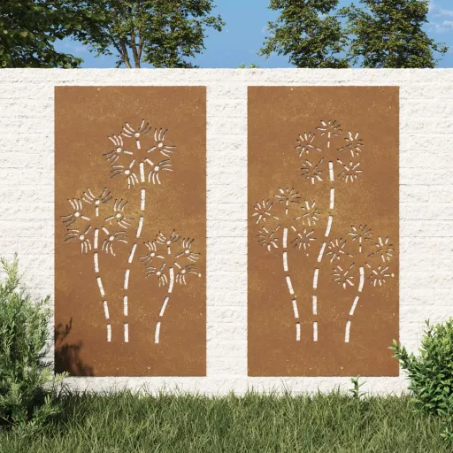 Decorações p/ Muro de Jardim   Aço Corten Design Flores (2 pcs)