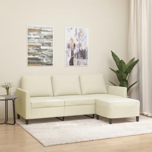 Sofá 3 Lugares c/ Apoio Pés 180 cm Couro Artificial Cor Creme