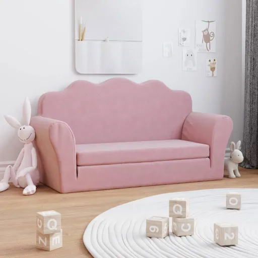 Sofá-Cama Infantil de 2 Lugares Pelúcia Macia Rosa