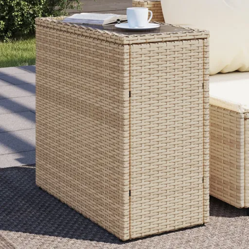 Mesa de Apoio Jardim c/ Tampo Vidro 58x27,5x55 cm Vime PE Bege