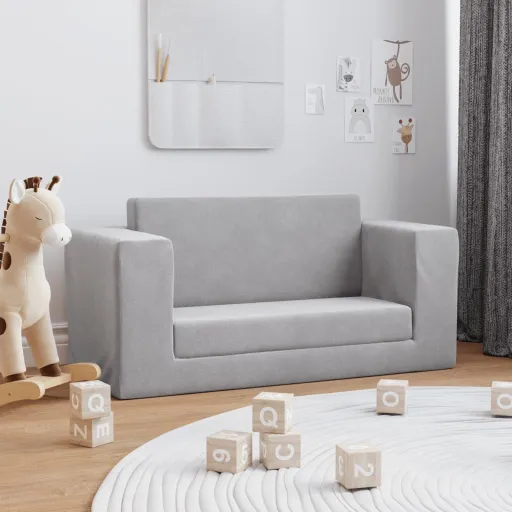 Sofá-Cama Infantil de 2 Lugares Pelúcia Macia Cinzento-Claro