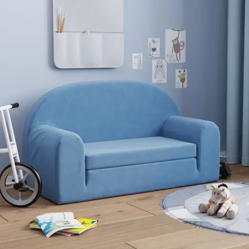 Sofá-Cama Infantil de 2 Lugares Pelúcia Macia Azul