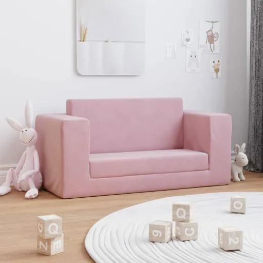 Sofá-Cama Infantil de 2 Lugares Pelúcia Macia Rosa