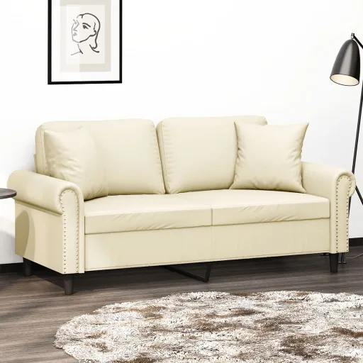 Sofá 2 Lugares + Almofadas Decorativas 140cm Couro Artif. Creme