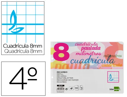 Recambio Liderpapel Cuarto 100 Hojas 70g/m2 Cuadro Pautado 8 mm Con Margen 2 Taladros Apaisado