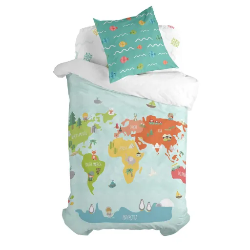 Conjunto de Capa de Edredom HappyFriday Happynois World Map Multicolor Solteiro 2 Peças