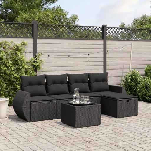 Conjunto Sofás de Jardim c/ Almofadões Vime PE Preto (6 pcs)