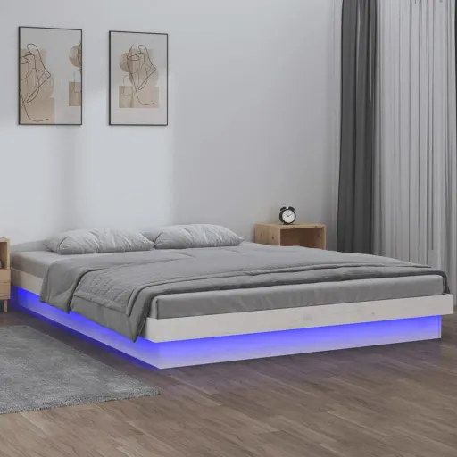 Estrutura de Cama com Luzes LED 120x200cm Madeira Maciça Branco